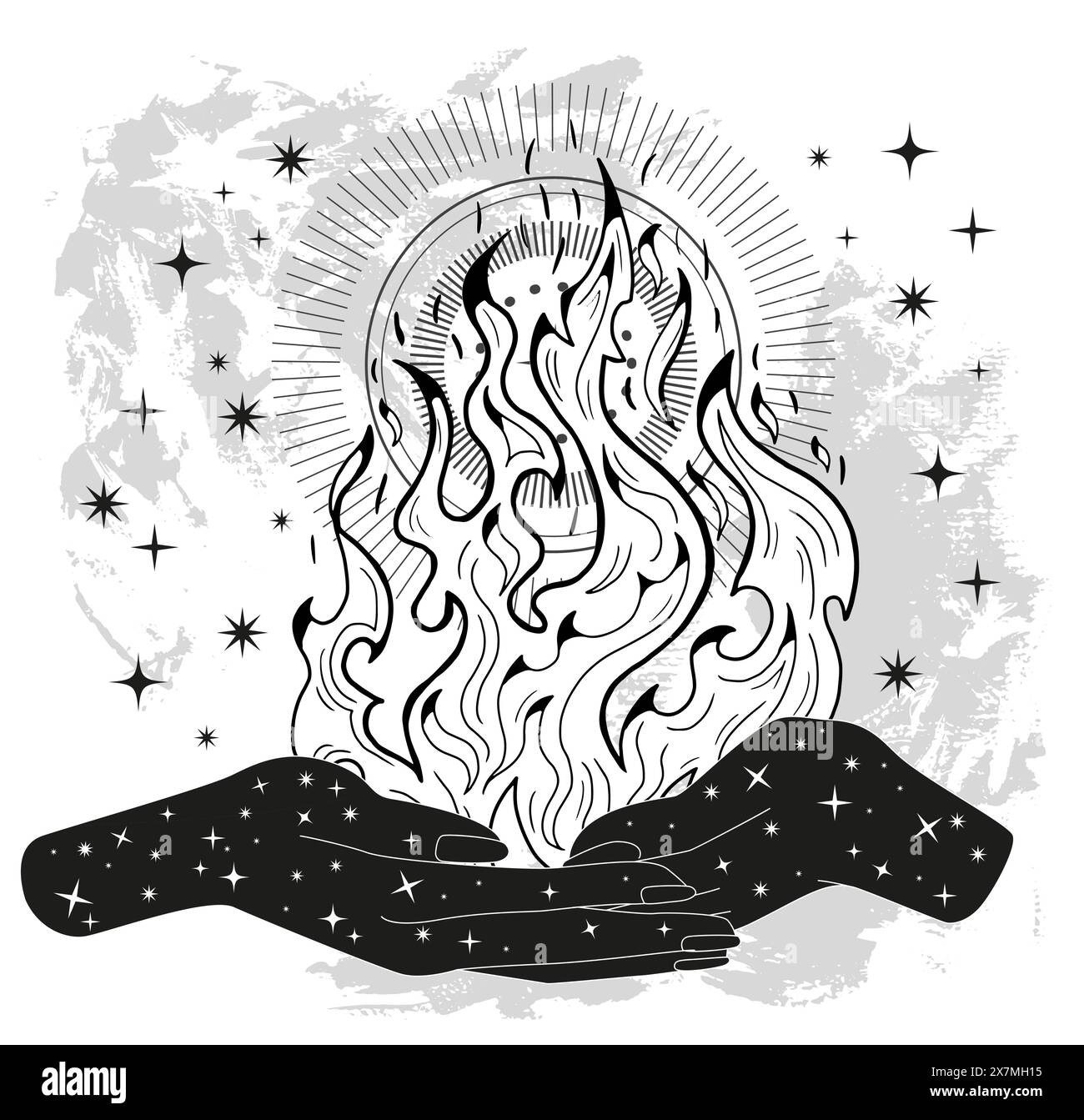 Hand drawn illustration with flame and witchy mystical symbols in hands ...