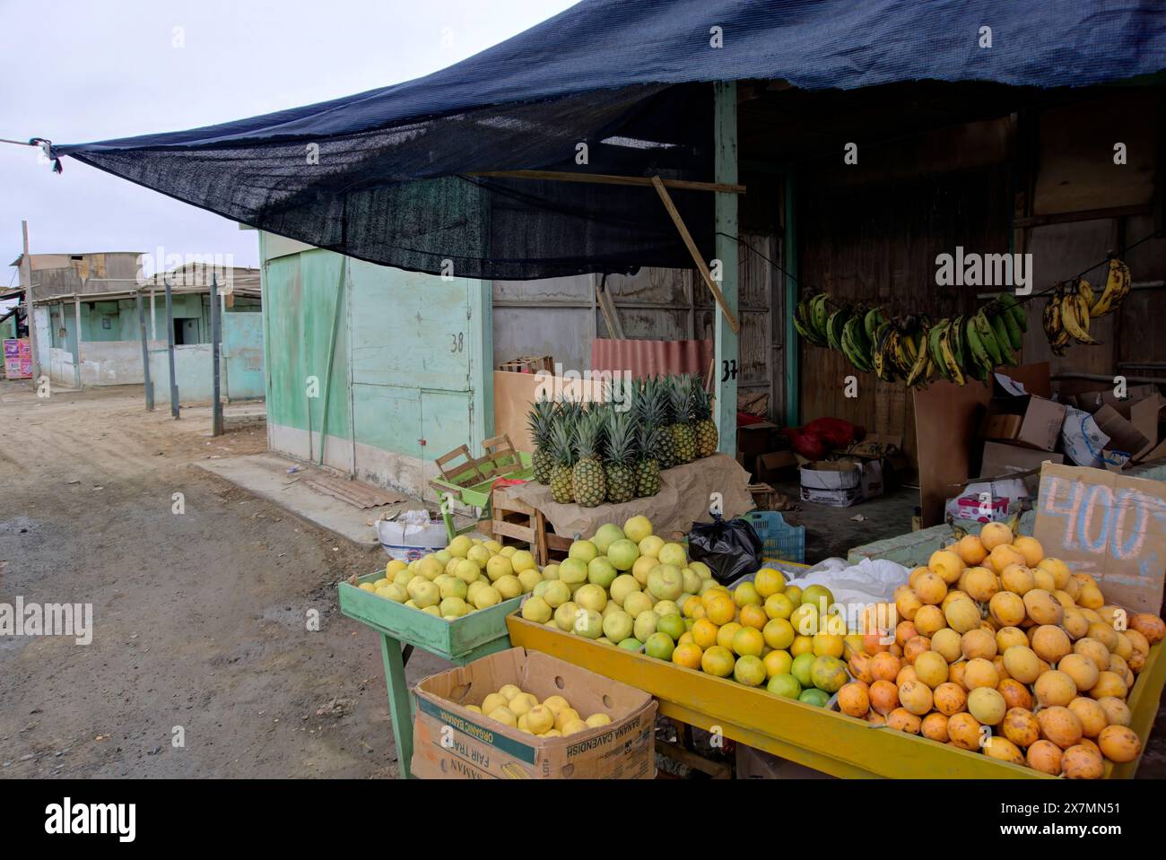 Chimbote, Peru - April 18, 2024: Various fruits for sale in public market Mercado dos de Mayo (2nd May Market) Stock Photo