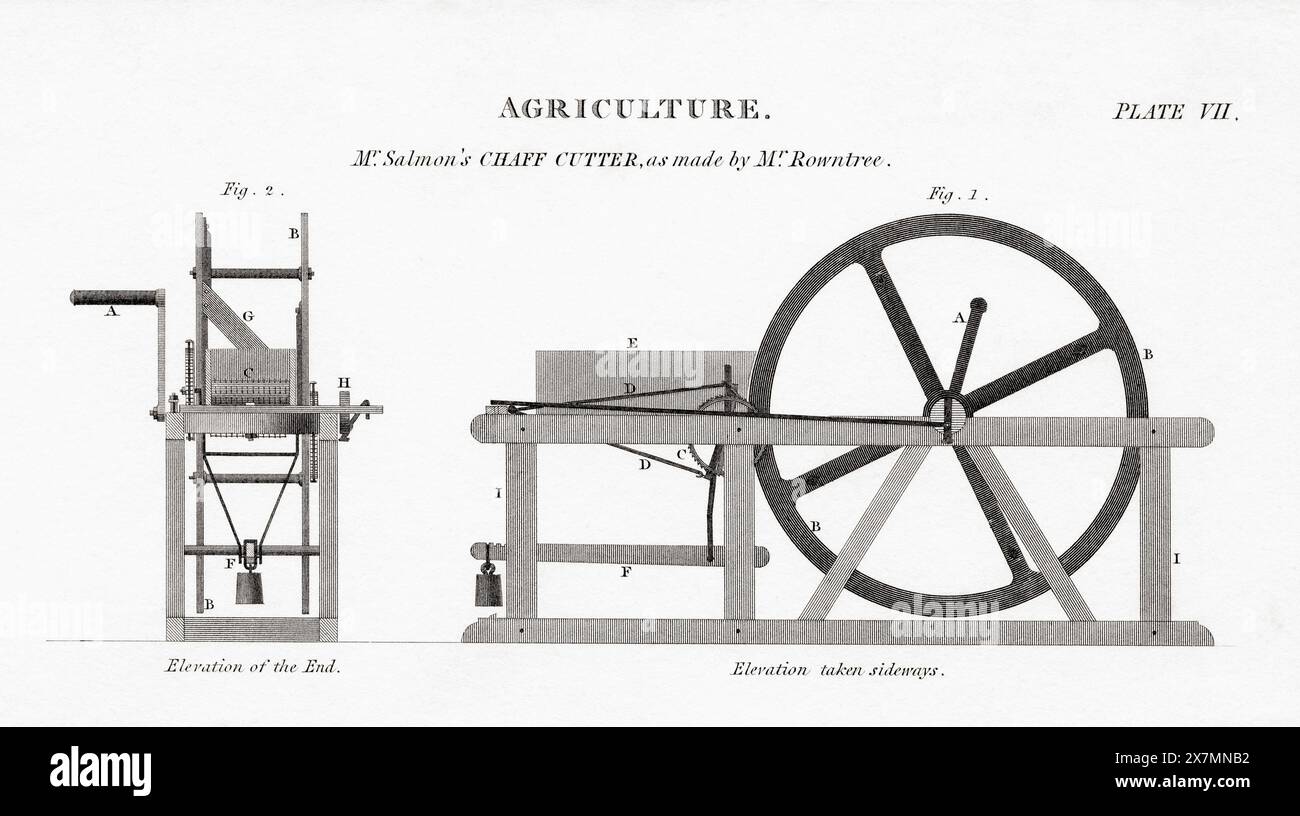 19th century print of Mr Salmon's Chaff Cutter.  A chaff cutter is a mechanical device used for cutting straw and hay into small pieces before being mixed together with other forage and fed to horses and cattle.  From The Cyclopædia: or, Universal dictionary of arts, sciences, and literature, by Abraham Rees. Stock Photo