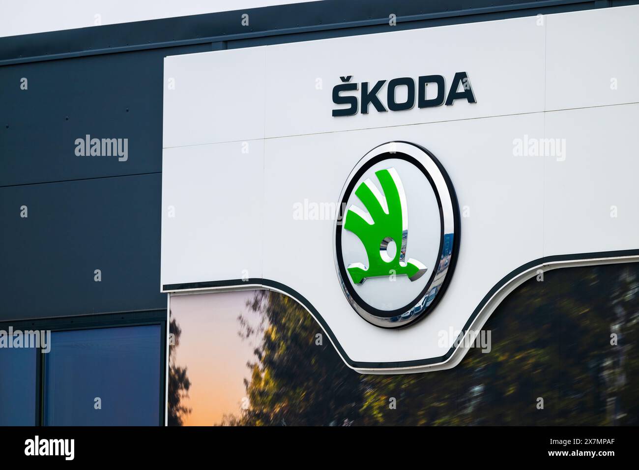 Gothenburg, Sweden - March 01 2024: Skoda logo on the facade of a car dealership Stock Photo