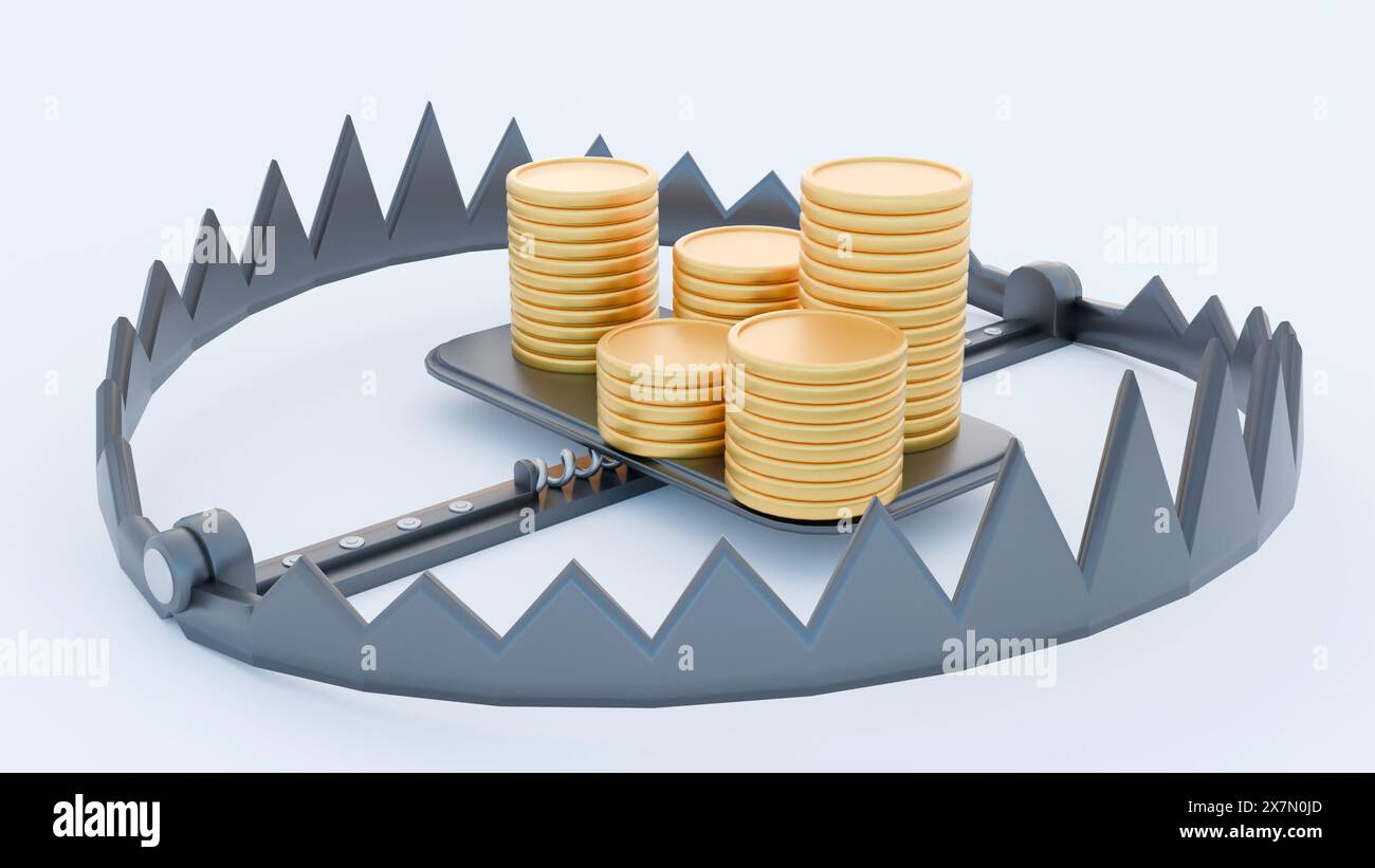 3d rendering of a metal bear trap and pile of gold coins Stock Photo ...