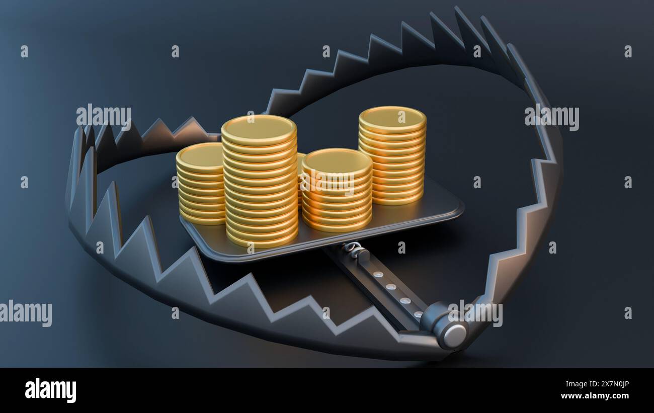 3d rendering of a metal bear trap and pile of gold coins Stock Photo ...