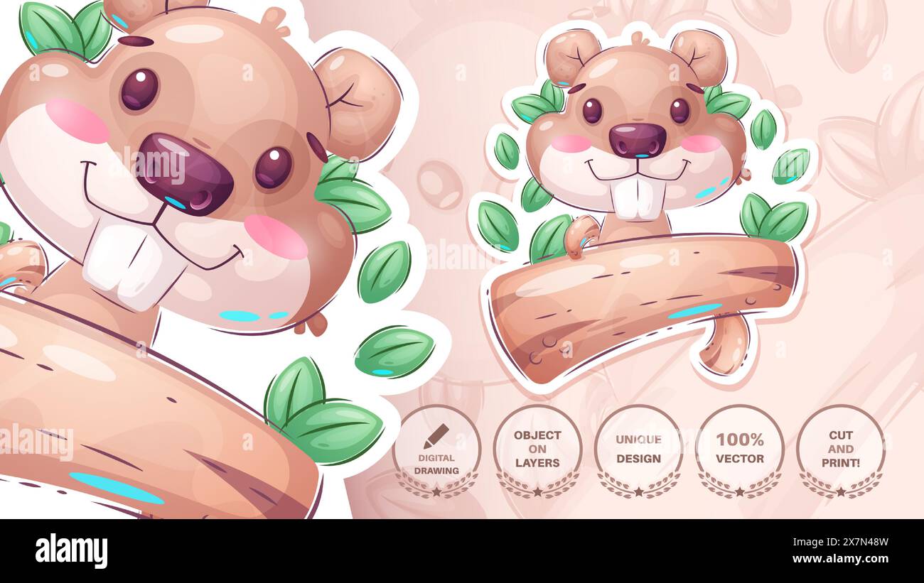 Beaver Cartoon Character. Cute Amimal. Illustration for Kids Stock Vector