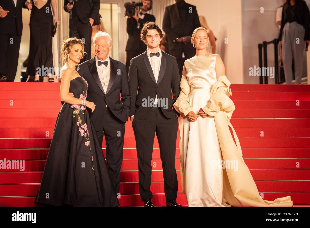 Cannes, France. 17th May, 2024. Richard Gere, Allejandra Silva, Homer James Jigme Gere and Uma Thurman attend the 'Oh, Canada' Red Carpet at the 77th annual Cannes Film Festival at Palais des Festivals. Credit: SOPA Images Limited/Alamy Live News Stock Photo