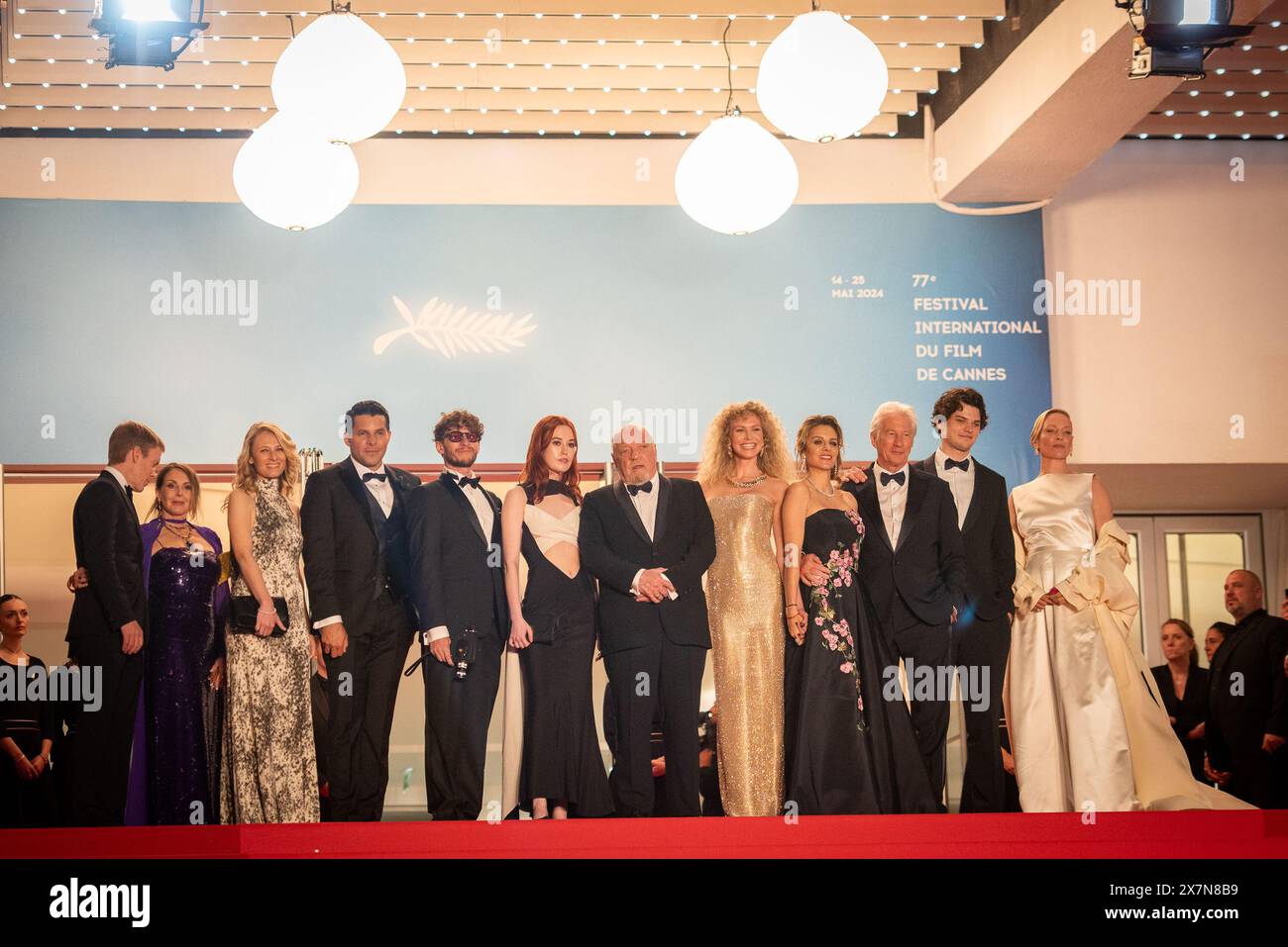 Cannes, France. 17th May, 2024. (L-R) Scott Lastaiti, Luisa Law, Tiffany Boyle, Andrew Wonder, Taylor Jeanne, Paul Schrader, Penelope Mitchell, Alejandra Silva, Richard Gere, Homer James Jigme Gere, Uma Thurman attend the 'Oh, Canada' Red Carpet at the 77th annual Cannes Film Festival at Palais des Festivals. Credit: SOPA Images Limited/Alamy Live News Stock Photo
