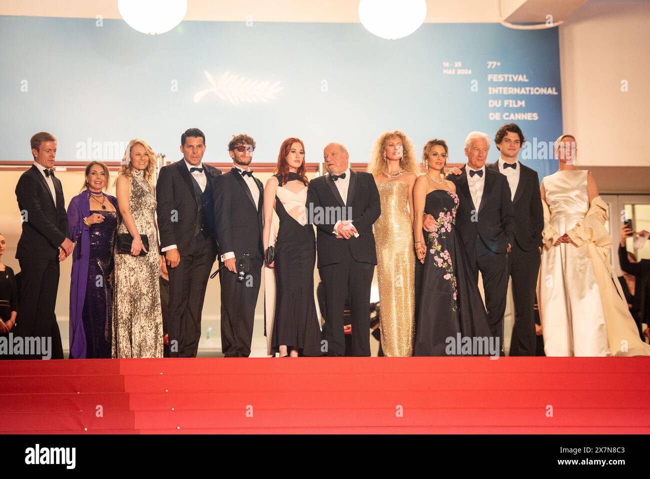 (L-R) Scott Lastaiti, Luisa Law, Tiffany Boyle, Andrew Wonder, Taylor Jeanne, Paul Schrader, Penelope Mitchell, Alejandra Silva, Richard Gere, Homer James Jigme Gere, Uma Thurman attend the 'Oh, Canada' Red Carpet at the 77th annual Cannes Film Festival at Palais des Festivals. Stock Photo