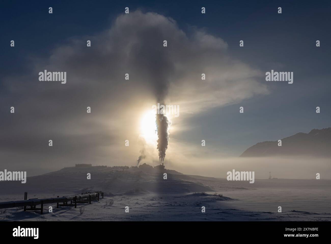 Oil pump station in the Arctic, winter, Trans Alaska Pipeline, North Slope, Dalton Highway, Alaska, USA Stock Photo