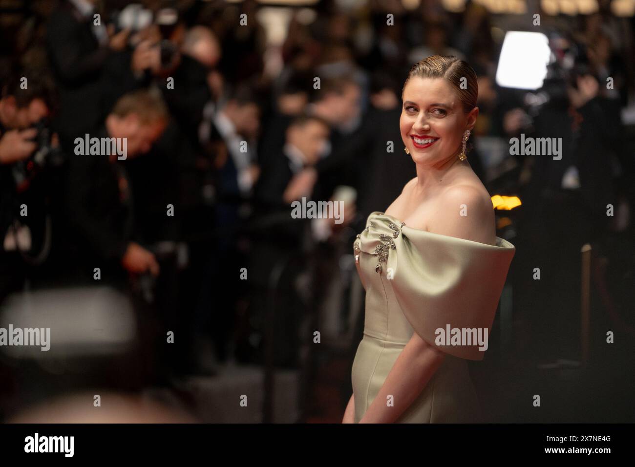 Cannes, France. 20th May, 2024. Greta Gerwig is attending the ''The Shrouds'' (Les Linceuls) Red Carpet at the 77th annual Cannes Film Festival at Palais des Festivals in Cannes, France, on May 20, 2024. (Photo by Luca Carlino/NurPhoto)0 Credit: NurPhoto SRL/Alamy Live News Stock Photo