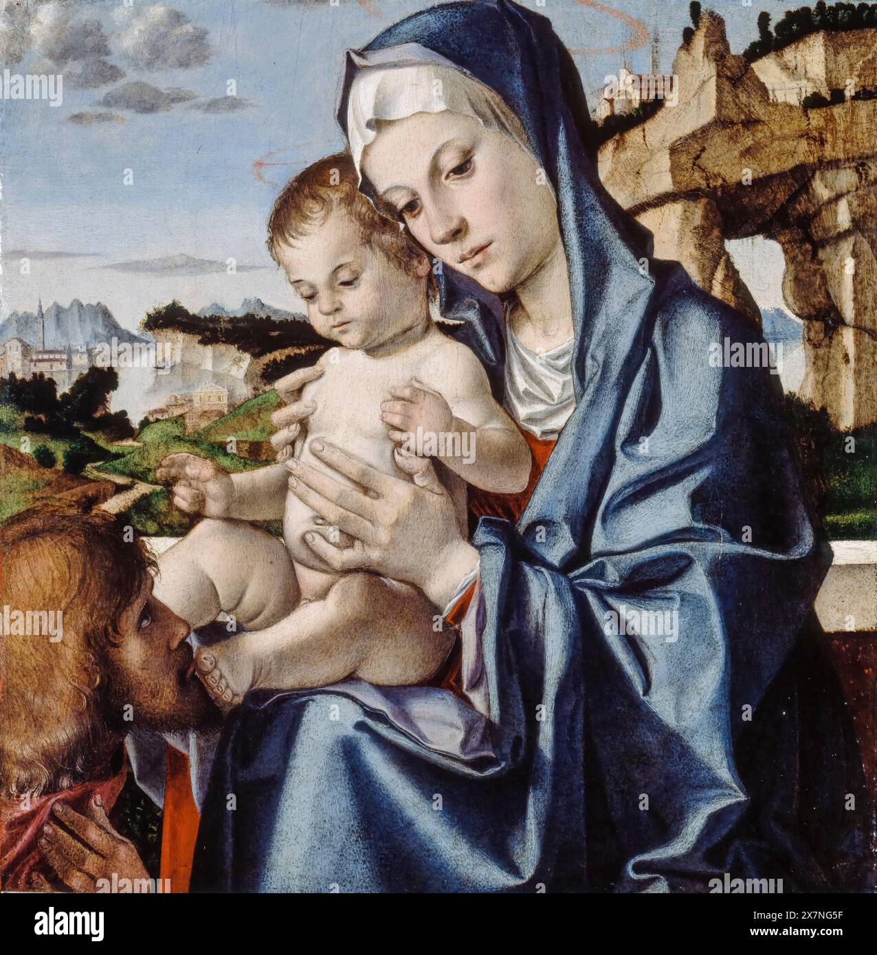 Bartolomeo Montagna painting, The Virgin and Child with a Saint, oil on panel, circa 1440 Stock Photo