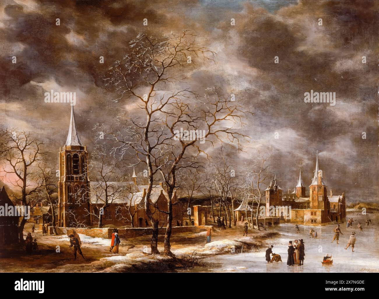 Jan Abrahamsz Beerstraaten, Warmond Castle in a Winter Landscape, painting in oil on canvas, 1661-1665 Stock Photo