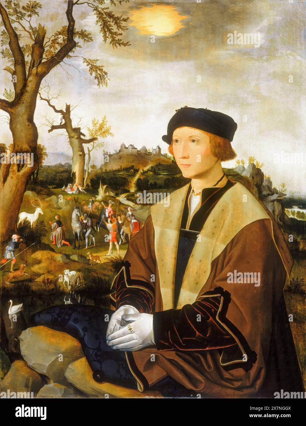 Jan Mostaert, Portrait of a Young Man, painting in oil and tempera on panel, 1530-1540 Stock Photo
