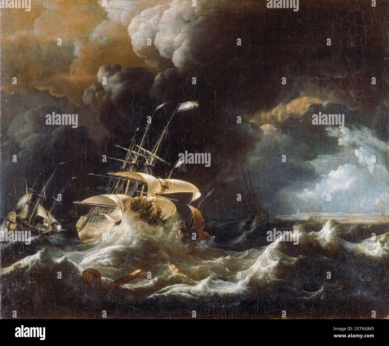 Ludolf Bakhuizen, Dutch Merchant Ships in a Storm, painting in oil on canvas, 1670-1699 Stock Photo