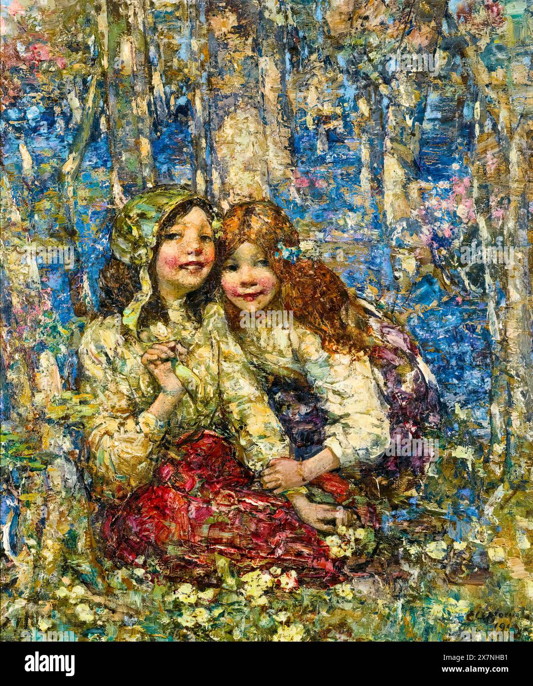 Edward Atkinson Hornel painting, The Bluebell Wood, oil on canvas, 1919 Stock Photo