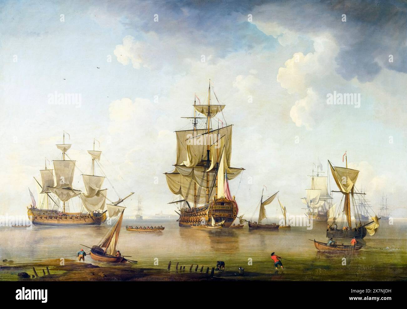 Men of War in Harbour, (18th Century warship) painting in oil on canvas by Charles Brooking, 1745-1755 Stock Photo