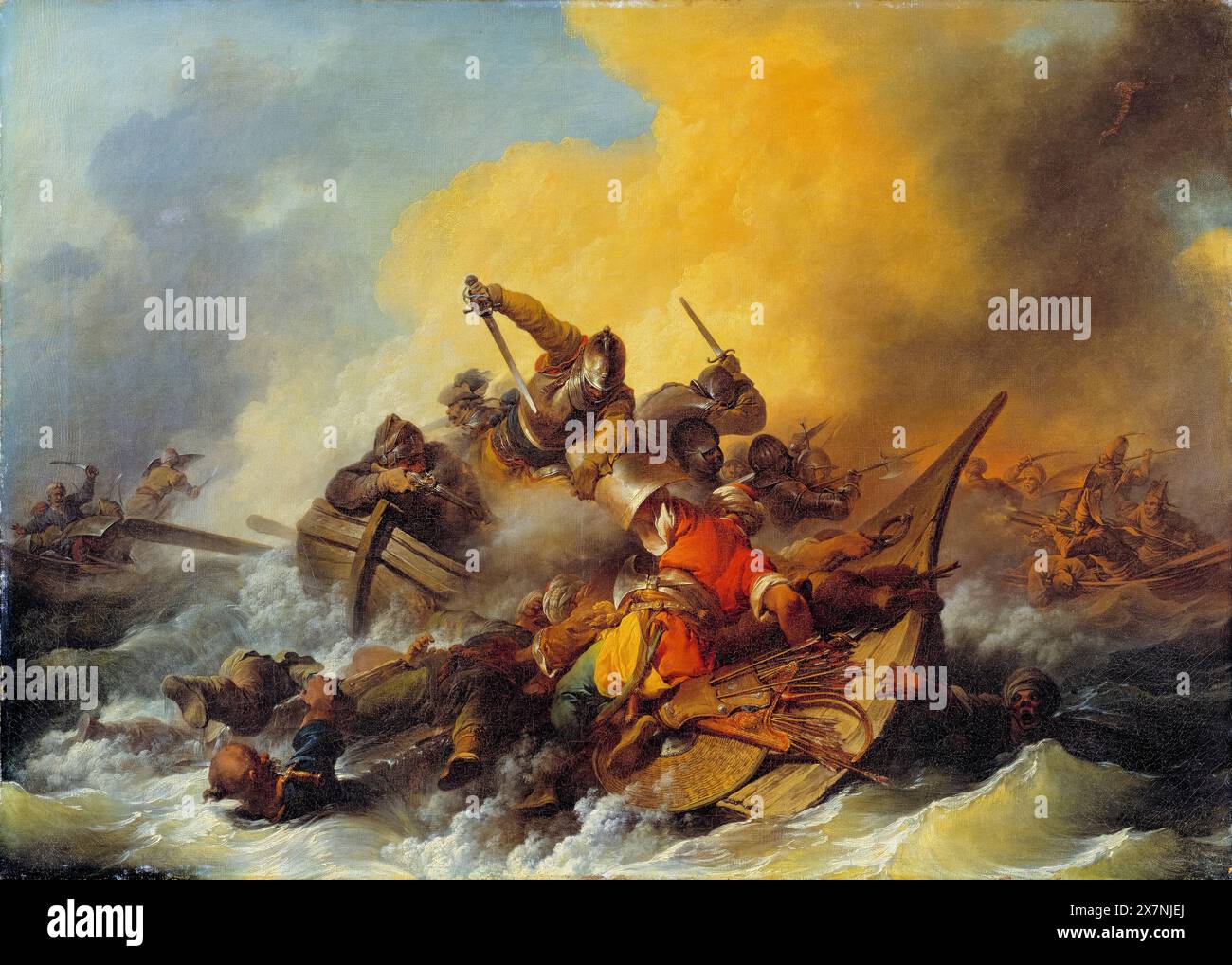 Philip James de Loutherbourg, Battle at Sea between Soldiers and Oriental Pirates, painting in oil on canvas, 1767 Stock Photo