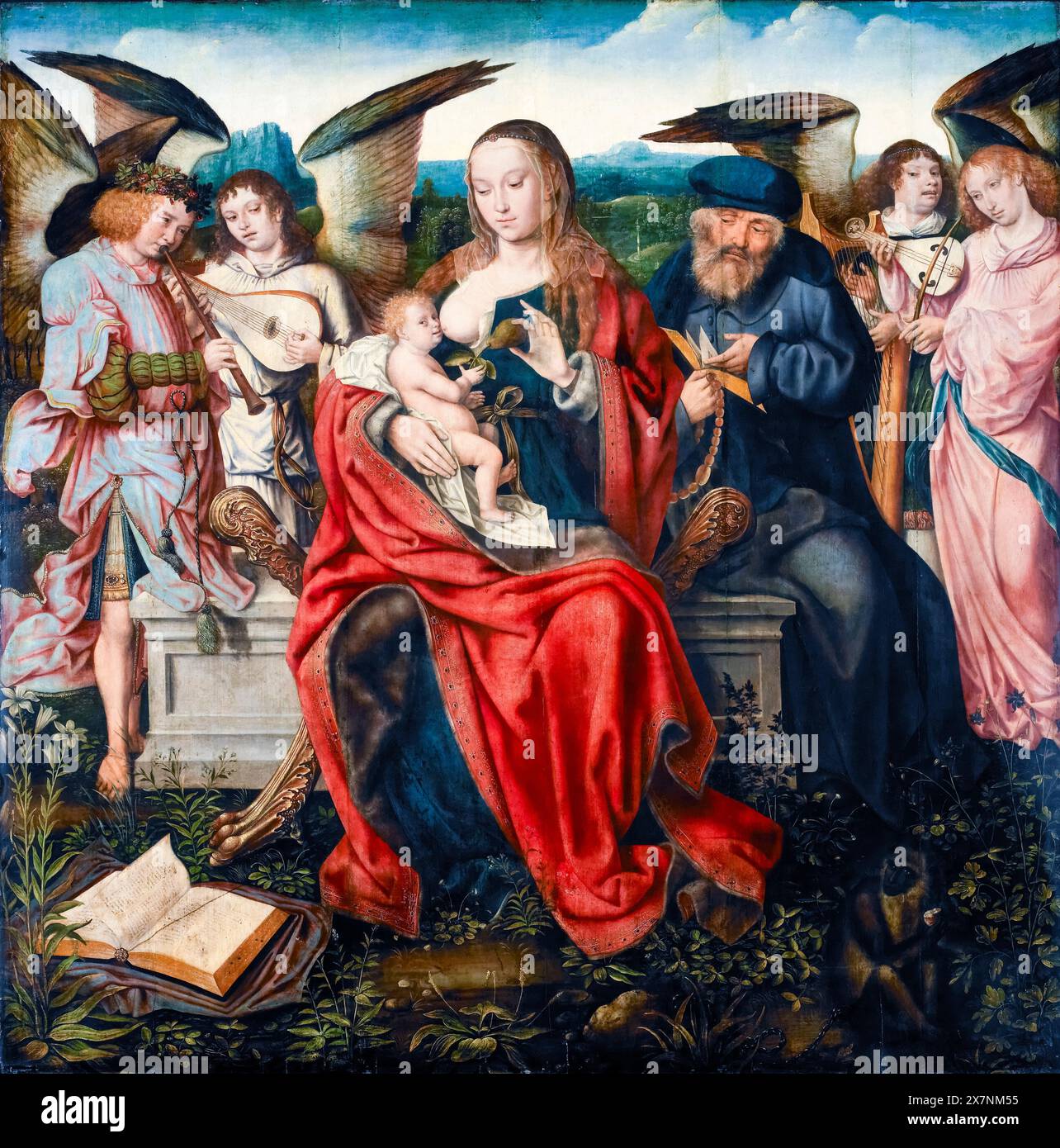 Master of Frankfurt, Holy Family with Music Making Angels, painting in oil on panel, circa 1515 Stock Photo