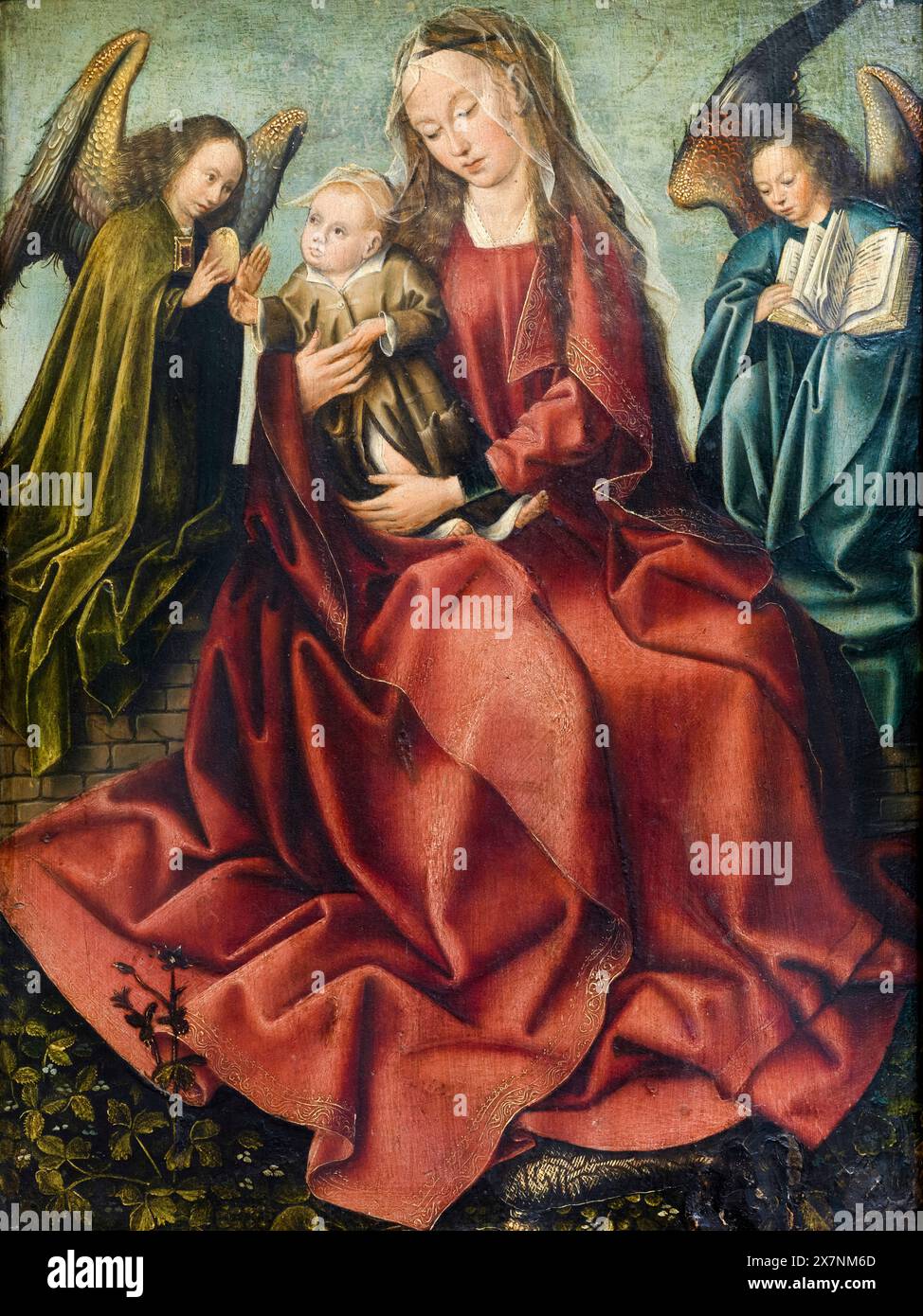 Master of Frankfurt, The Virgin and Child Between Two Angels, painting in oil on panel, 1495 Stock Photo