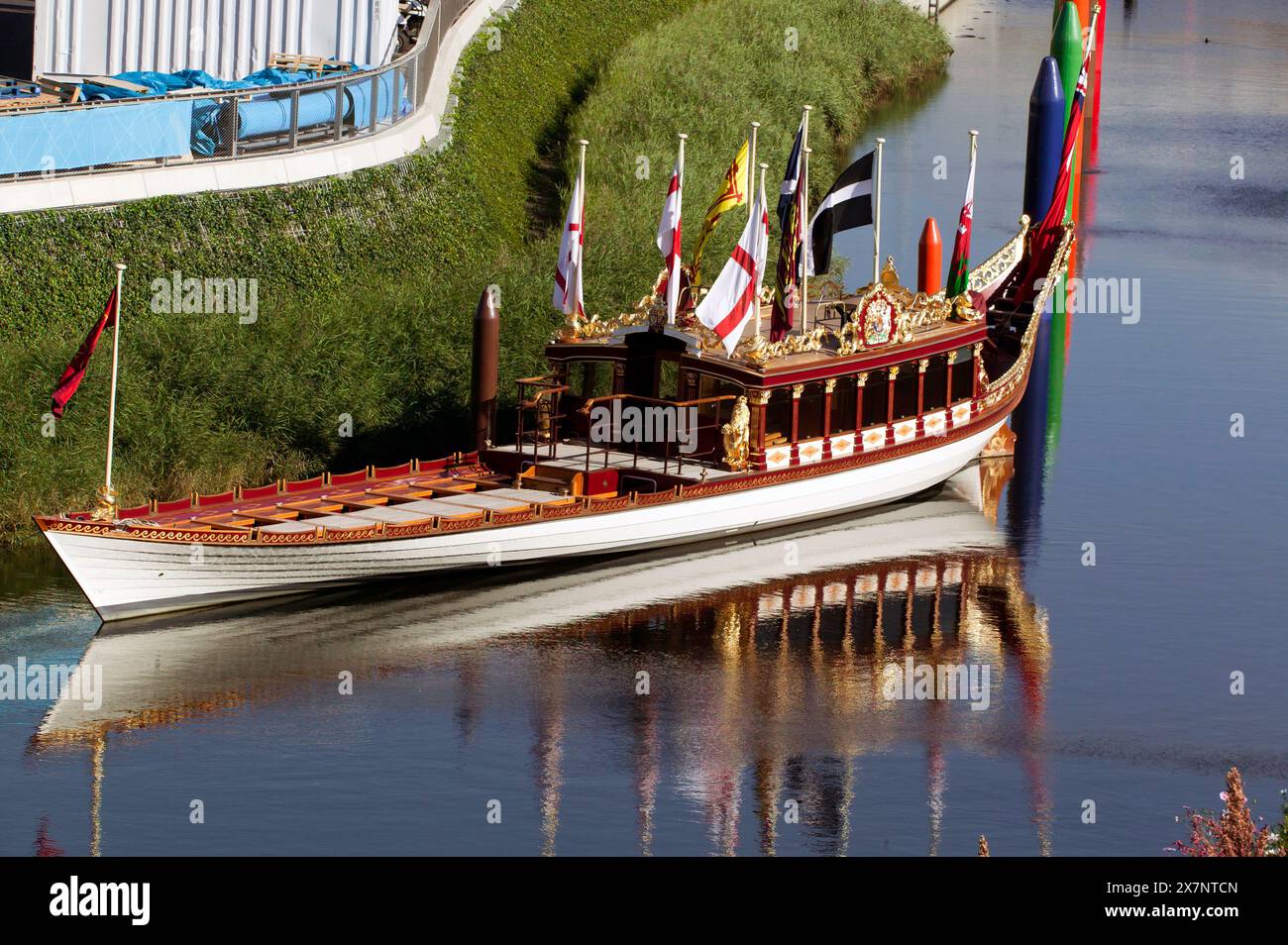 View of the  Royal Barge, Gloriana on display in the River Lea,  during the 2012 London Paralympic Games, Stratford Stock Photo