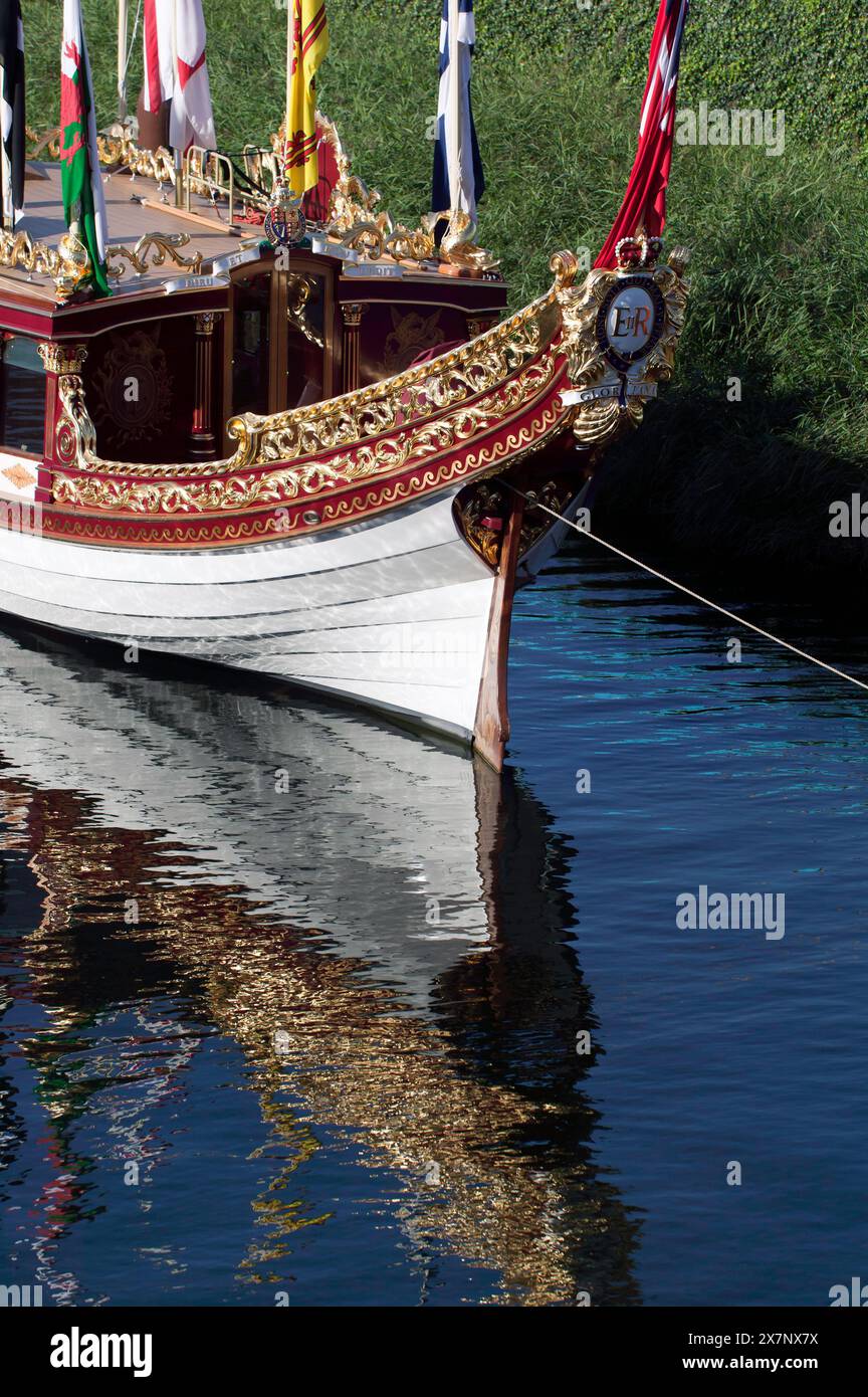 Close-up of the Stern of the Royal Barge, Gloriana on display in the River Lea,  during the 2012 London Paralympic Games, Stratford Stock Photo