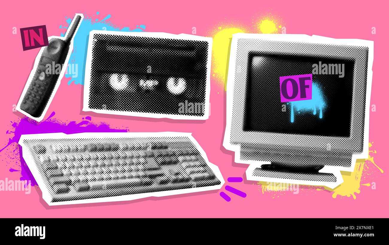 Poster. Contemporary art collage. Cell phone, computer,keyboard and ...