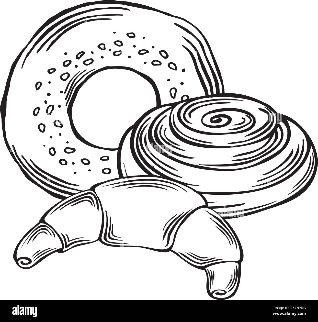 Croissants, Bagel and Cinnamon bun. Bakery goods from wheat. Vector