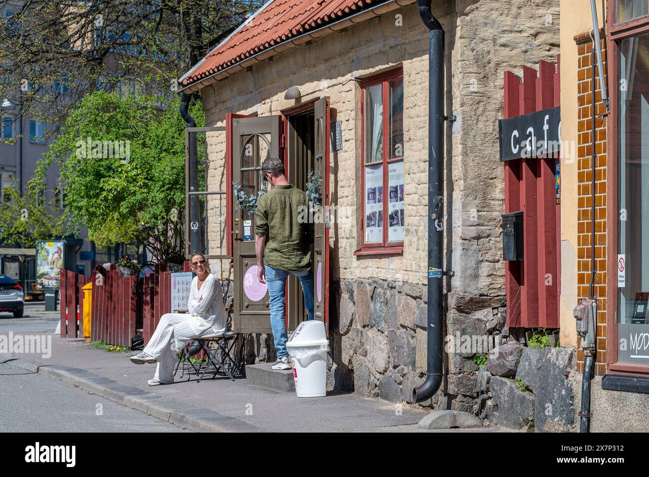 Café Sista Supen opening for the spring season in Norrköping, Sweden. Originally a historic pharmacy dating back to 1760. Stock Photo