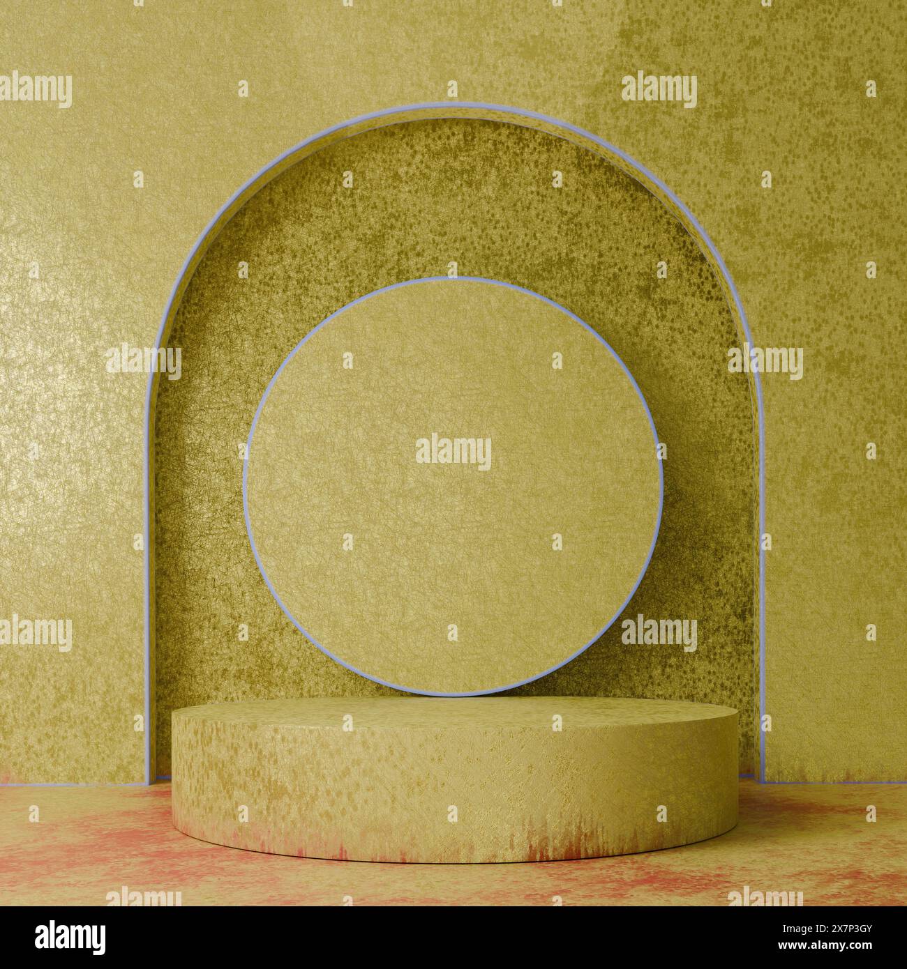 Minimalist display stand featuring a round yellow base and backdrop ...