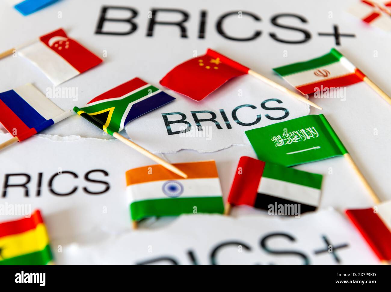 A BRICS and BRICS+ concept with the words and country flags of the block of countries and new members. Stock Photo