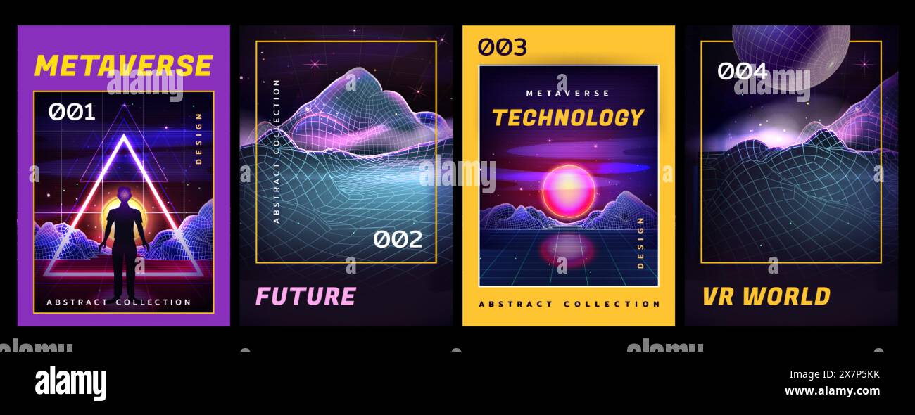 Retro futuristic poster with laser grid mountains, sunset, planet on wireframe background. Vector retrowave cover of 80s landscape with synthwave neon light triangle, man silhouette in vaporwave style Stock Vector