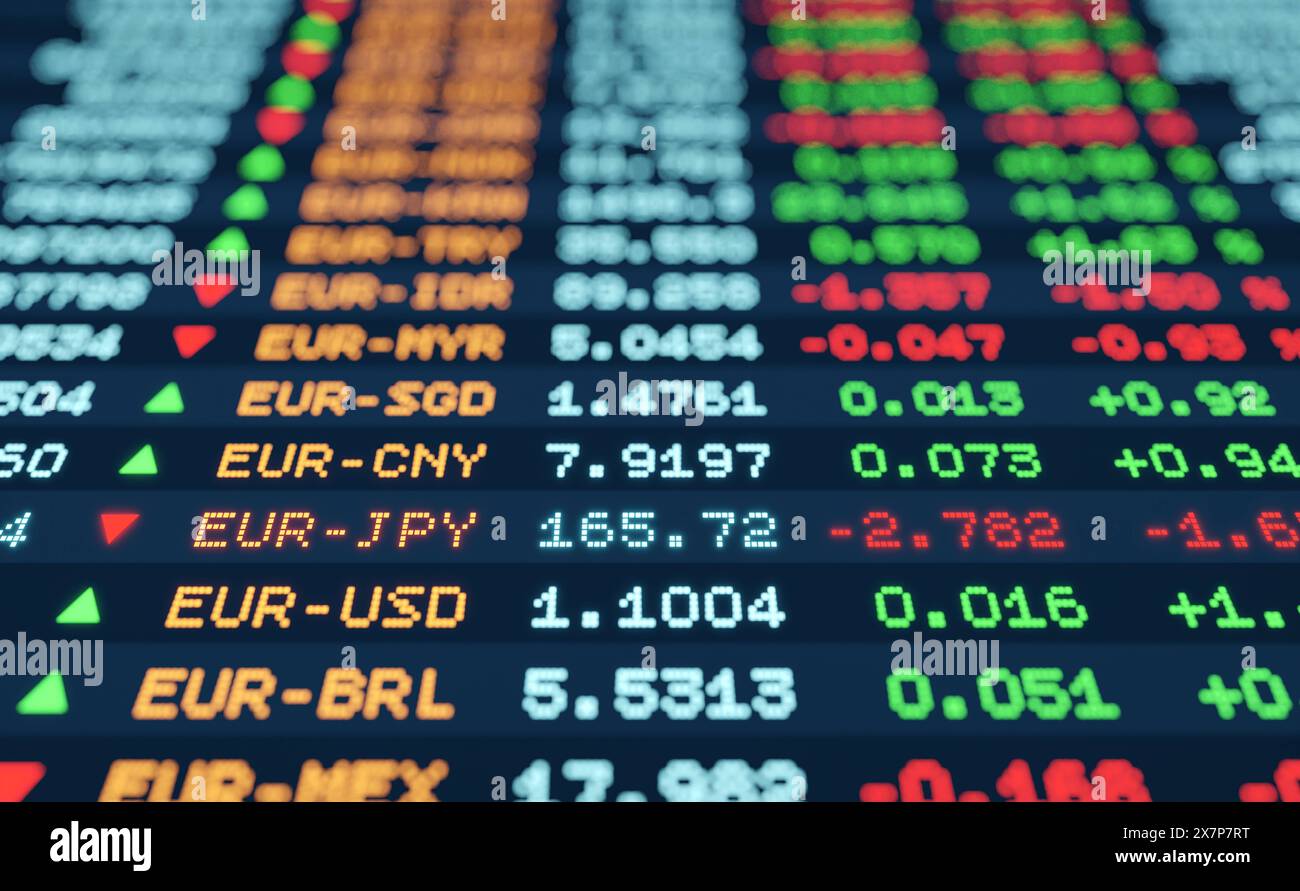 Currency exchange rates on the monitor. Currency exchange rates on the  monitor. Stock market information, US dollar, Euro, Britsh pound, Japanese  yen and other currencie exchange, partly blurred. img currency019s02  exchange rates