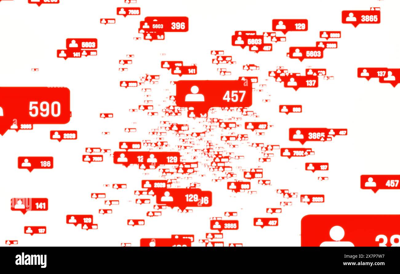Red social media symbols with rising numbers of followers flying ...