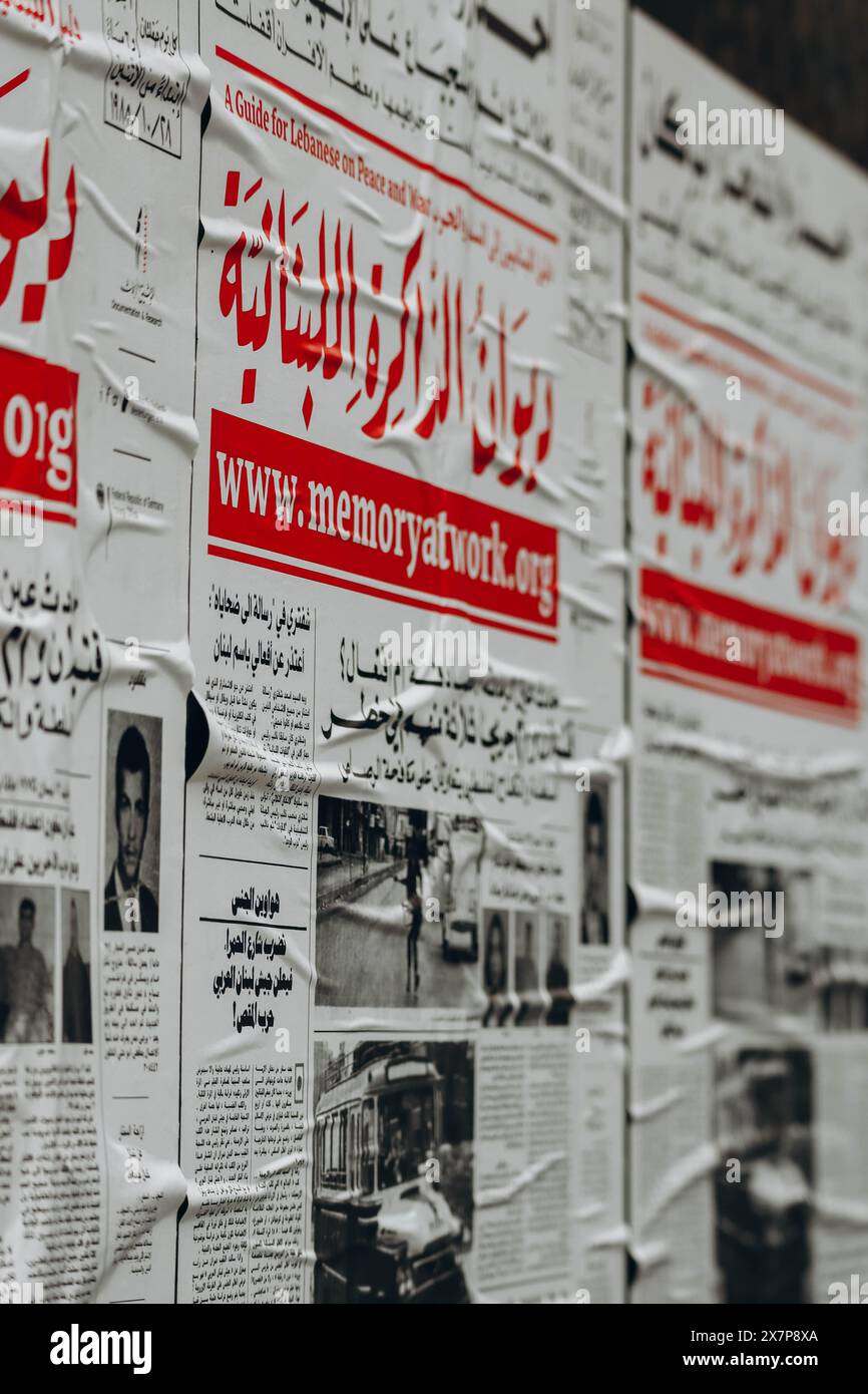 Beirut, Lebanon — 24.04.2023:  Newspapers pasted on the streets of Beirut Stock Photo