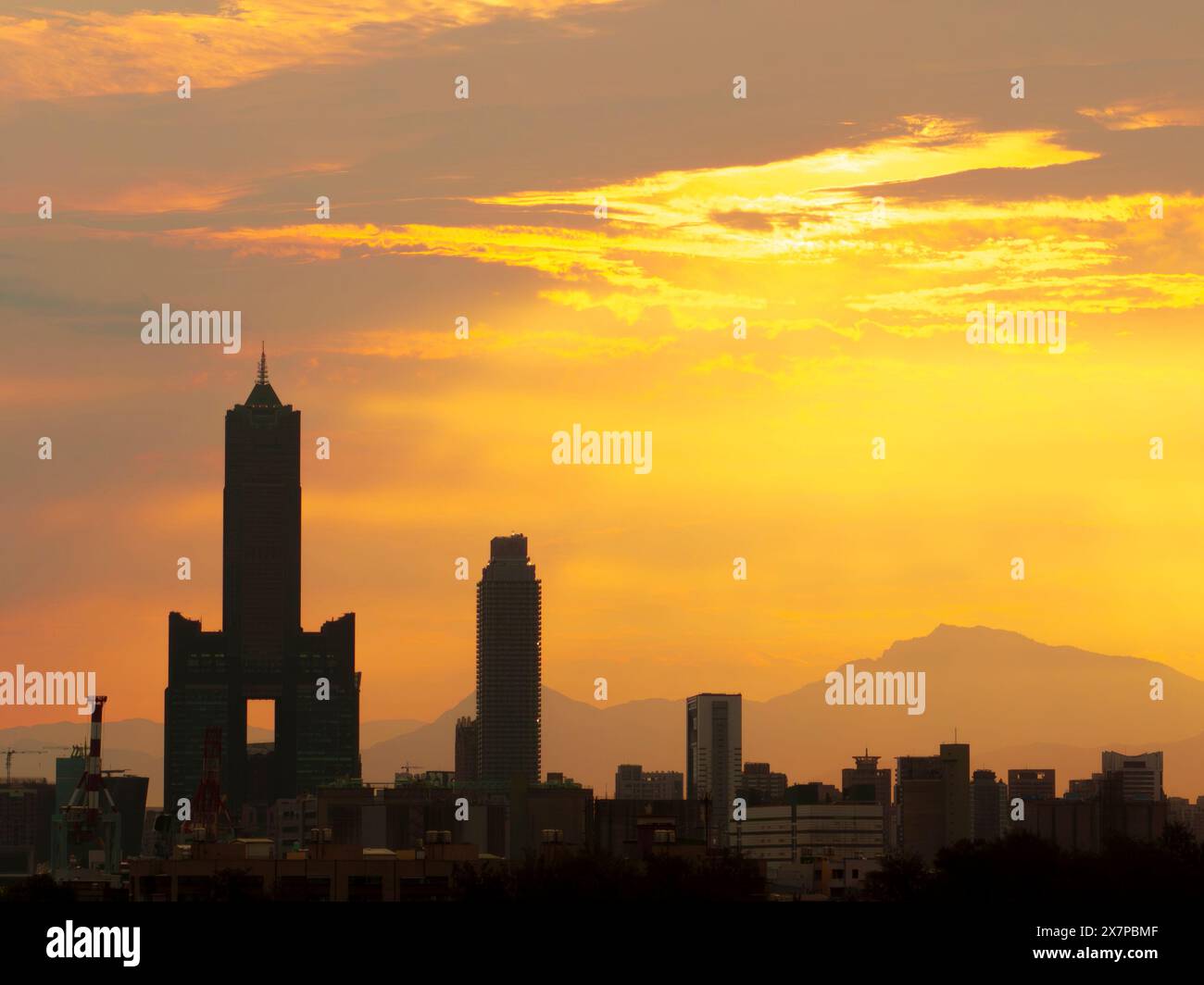 Aerial view panoramic of kaohsiung city harbor at sunrise ,Taiwan. Stock Photo