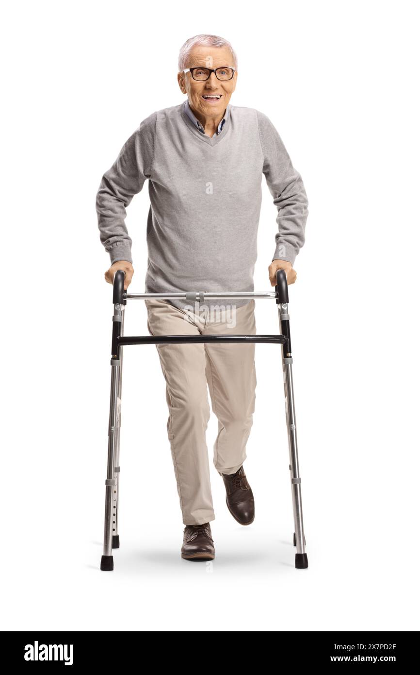 Elderly man with a walking aid equipment for seniors isolated on white ...