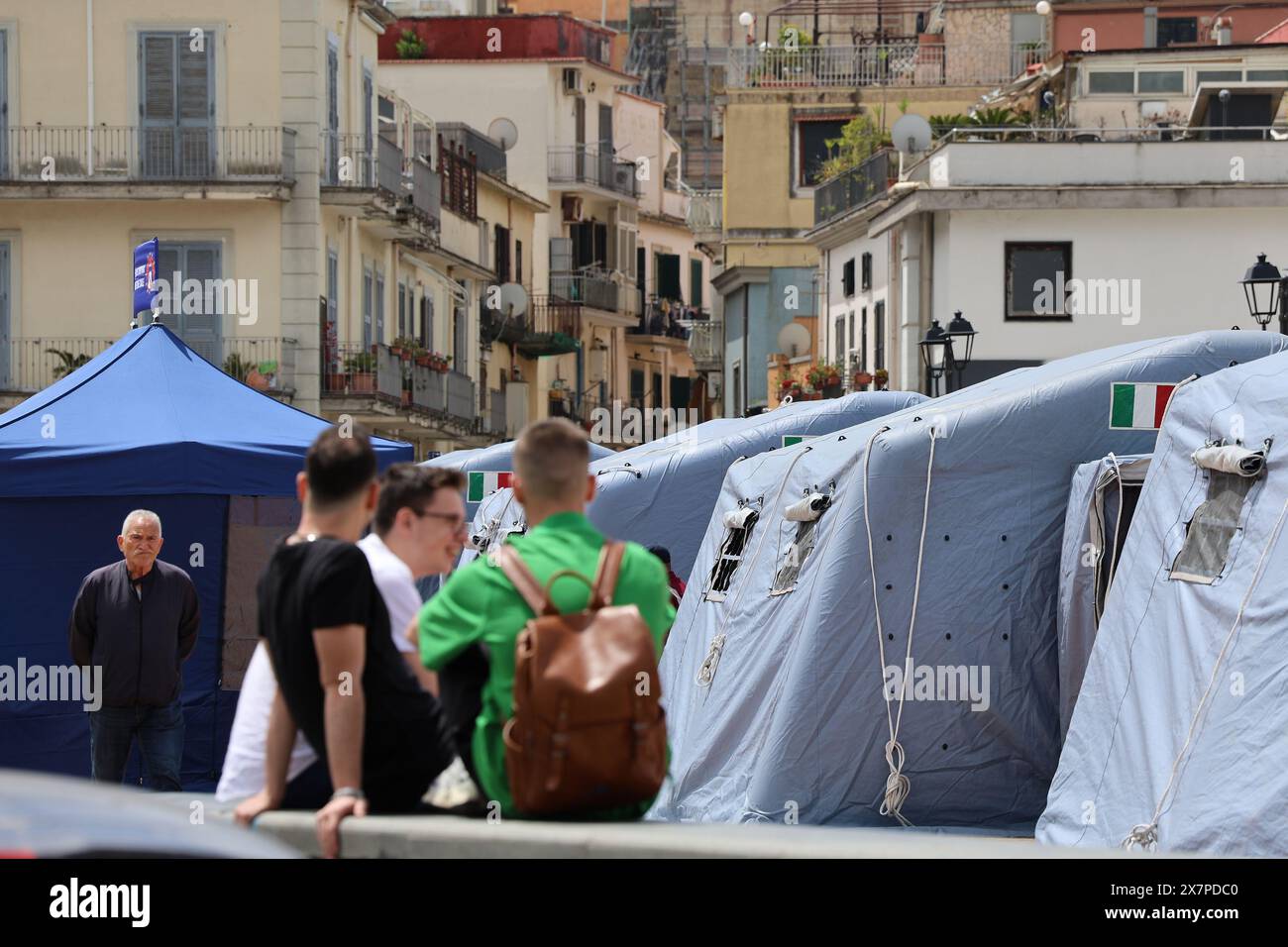 Pozzuoli, Italy, 21 May 2024. The tent city set up in Pozzuoli by the Italian Civil Protection to house the displaced (over 36 families) after last night's strong earthquake in the areas of Pozzuoli, Campi Flegrei and Naples, which caused slight damage to the buildings. Credit: Marco Cantile/Alamy Live News Stock Photo