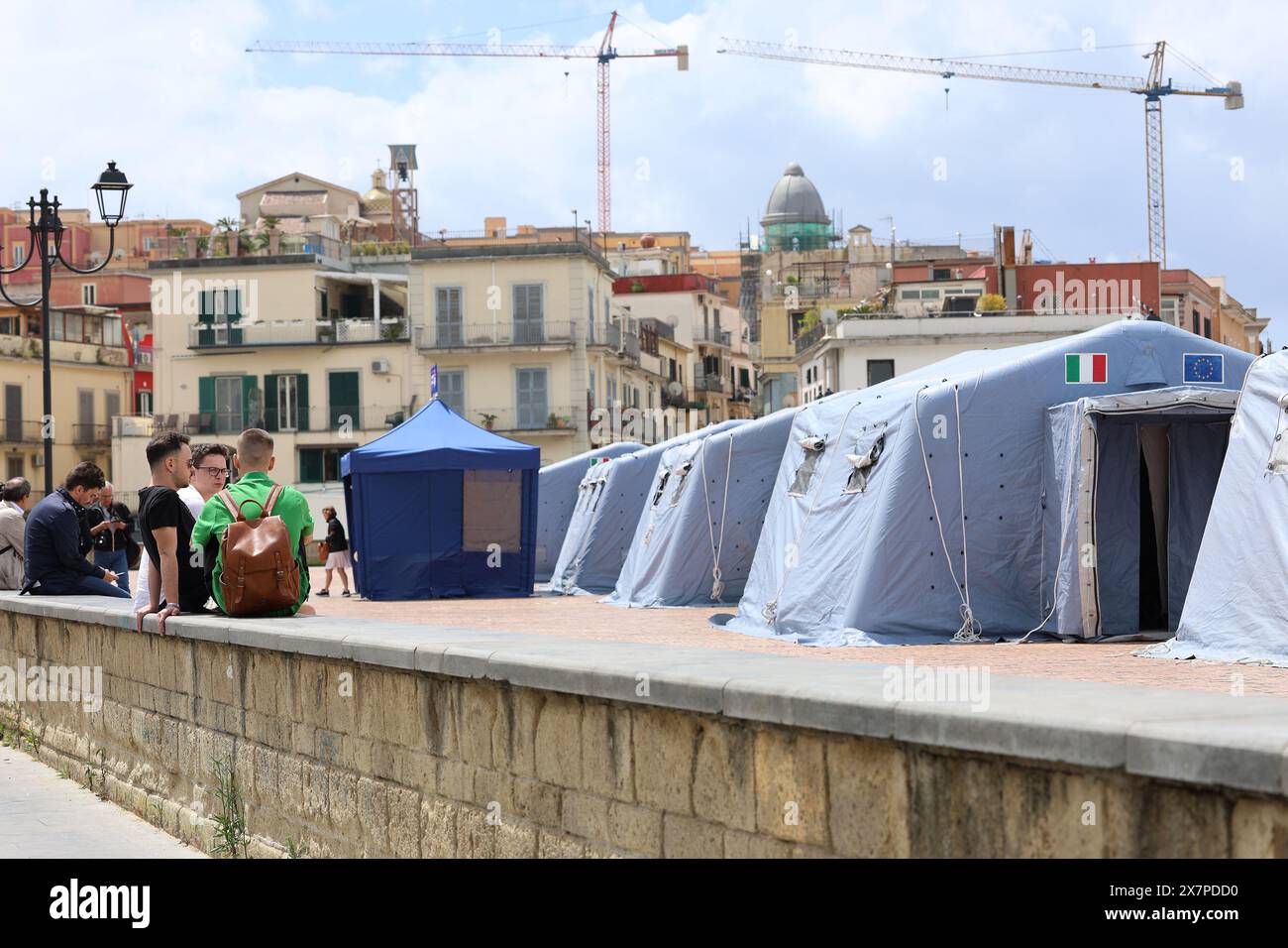 Pozzuoli, Italy, 21 May 2024. The tent city set up in Pozzuoli by the Italian Civil Protection to house the displaced (over 36 families) after last night's strong earthquake in the areas of Pozzuoli, Campi Flegrei and Naples, which caused slight damage to the buildings. Credit: Marco Cantile/Alamy Live News Stock Photo