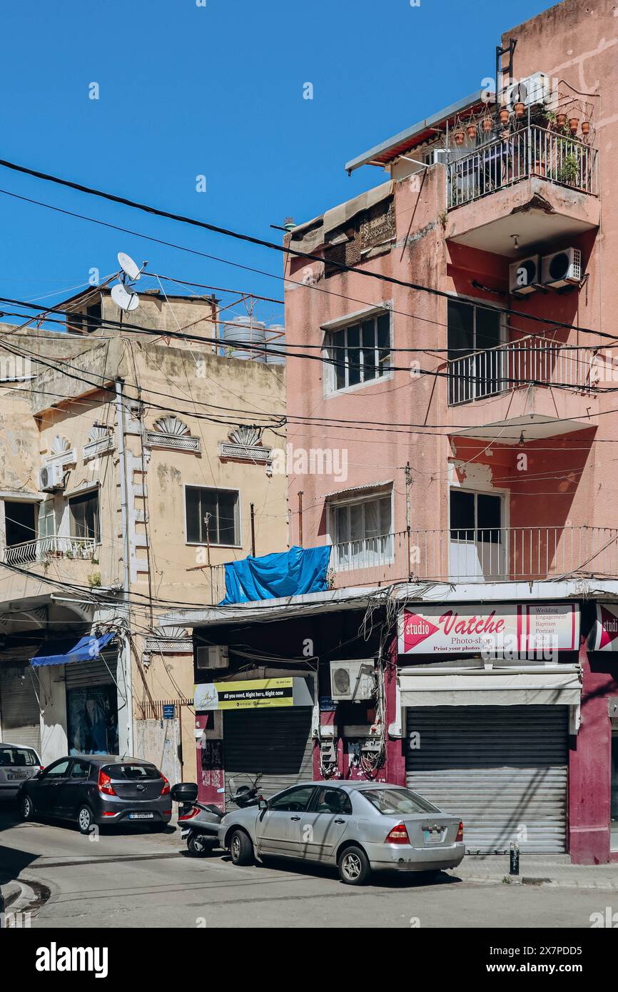 Beirut, Lebanon — 24.04.2023: Facades of buildings in the Bourj Hammoud quarter in Beirut Stock Photo