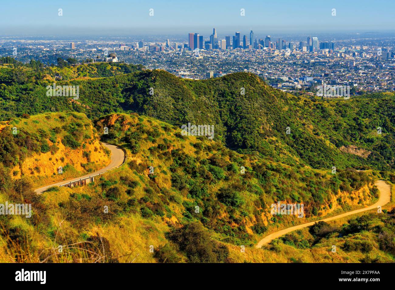 Los Angeles view with the scenic trails of Griffith Park. Stock Photo