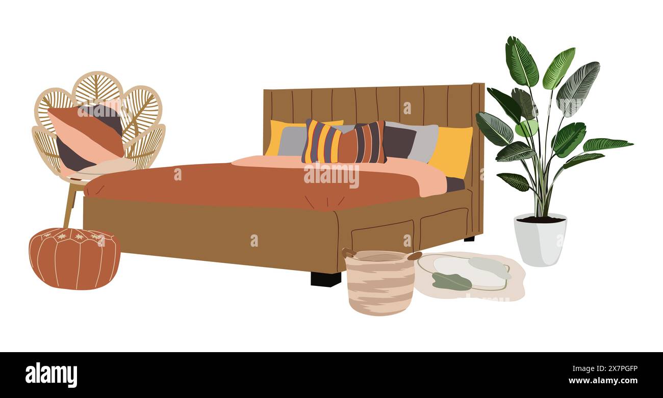 Boho bedroom interior with stylish comfy furniture Stock Vector Image ...