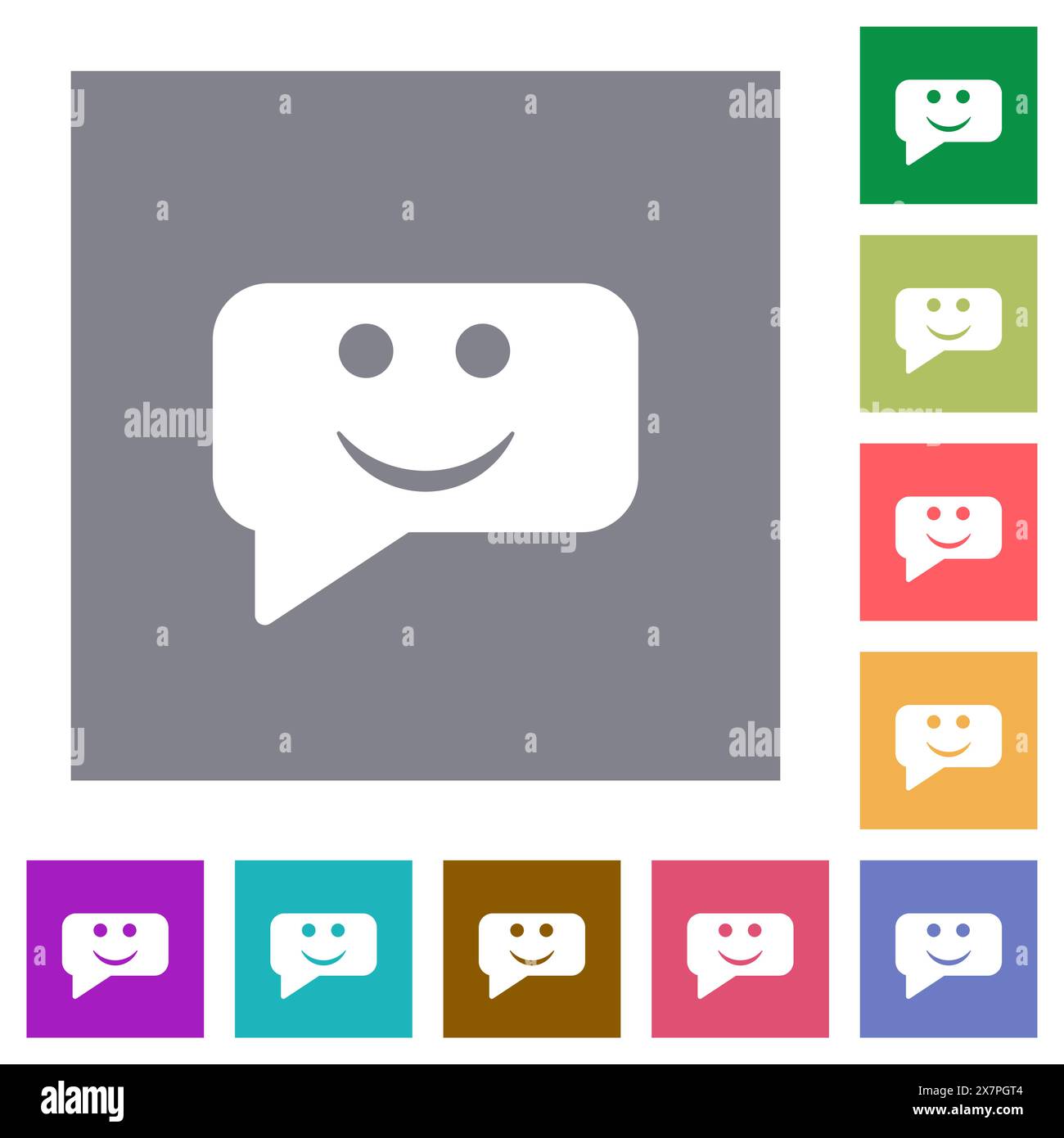 Rounded square smiling chat bubble solid flat icons on simple color square backgrounds Stock Vector