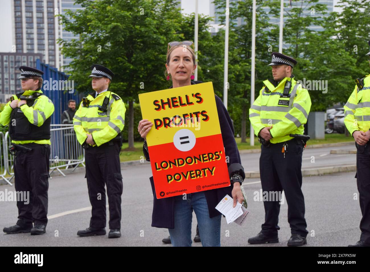 London, UK. 21st May 2024. Climate activists staged a protest outside fossil fuel giant Shell's Annual General Meeting at the Intercontinental Hotel, The O2, in Greenwich. A group of activists also disrupted the event inside the venue before being thrown out by security. Credit: Vuk Valcic/Alamy Live News Stock Photo