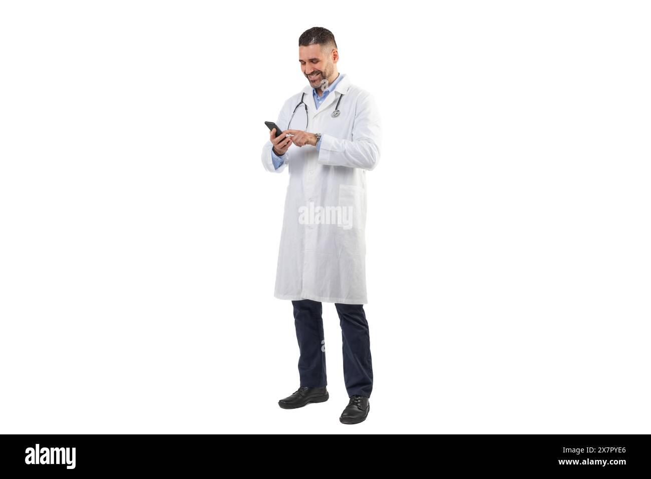 doctor-checking-smartphone-messages-during-hospital-shift-daylight