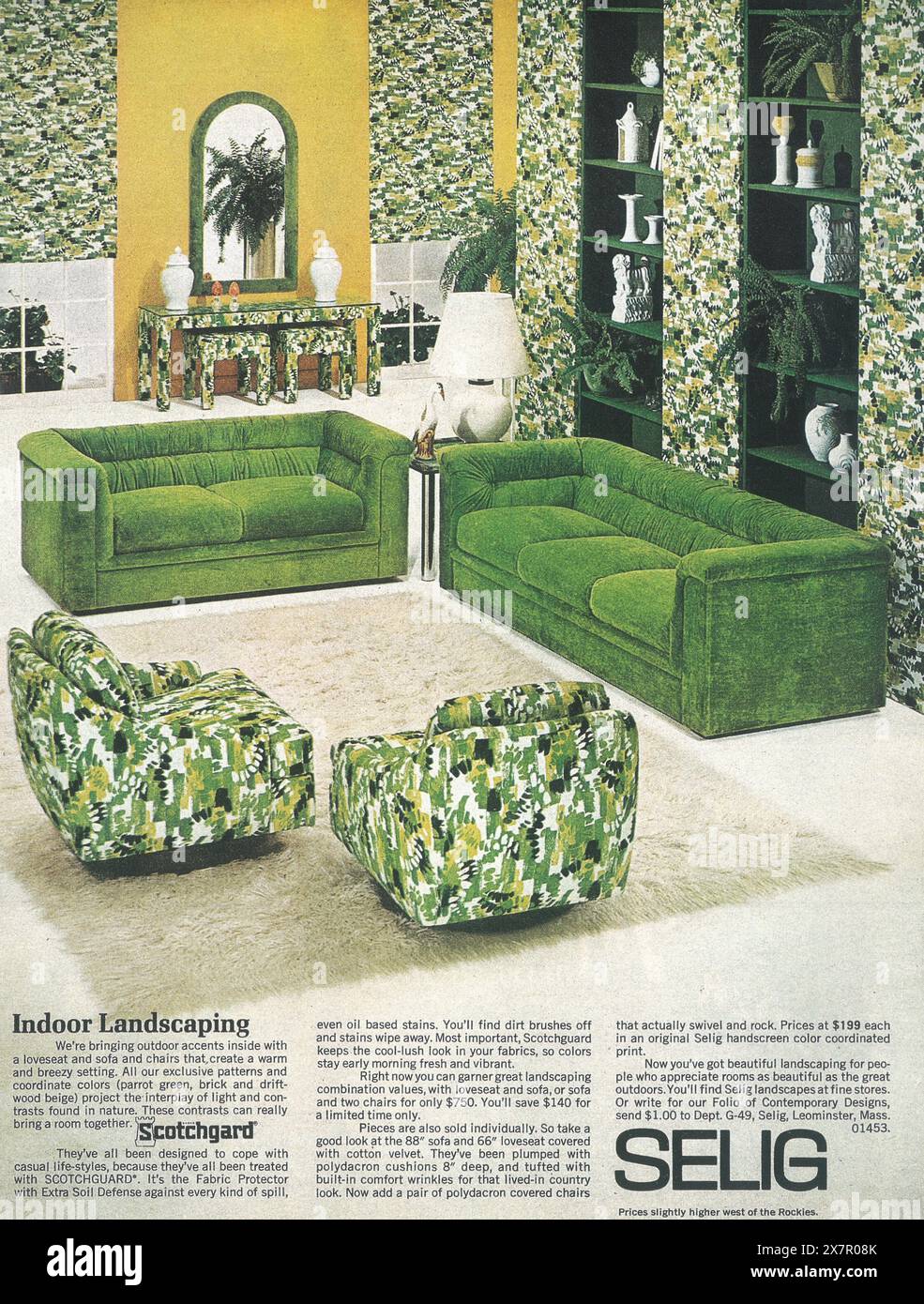 1974 Selig furniture Scotchguard sofa and loveseats ad Stock Photo