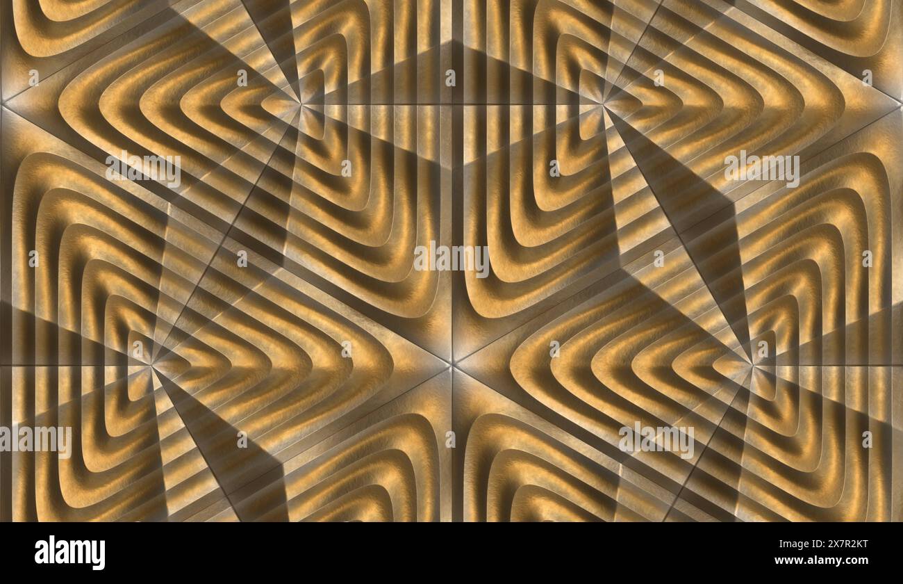 3D geometric pattern from the Flowers of Life Fragment within the GeoModule series. It features a seamless wallpaper design with a luxurious golden hu Stock Photo