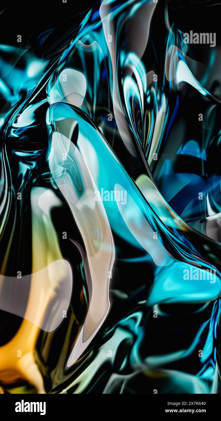 An abstract image featuring dynamic swirls of glass-like reflections in blue and teal hues contrasted sharply against a black background, showcasing a Stock Photo