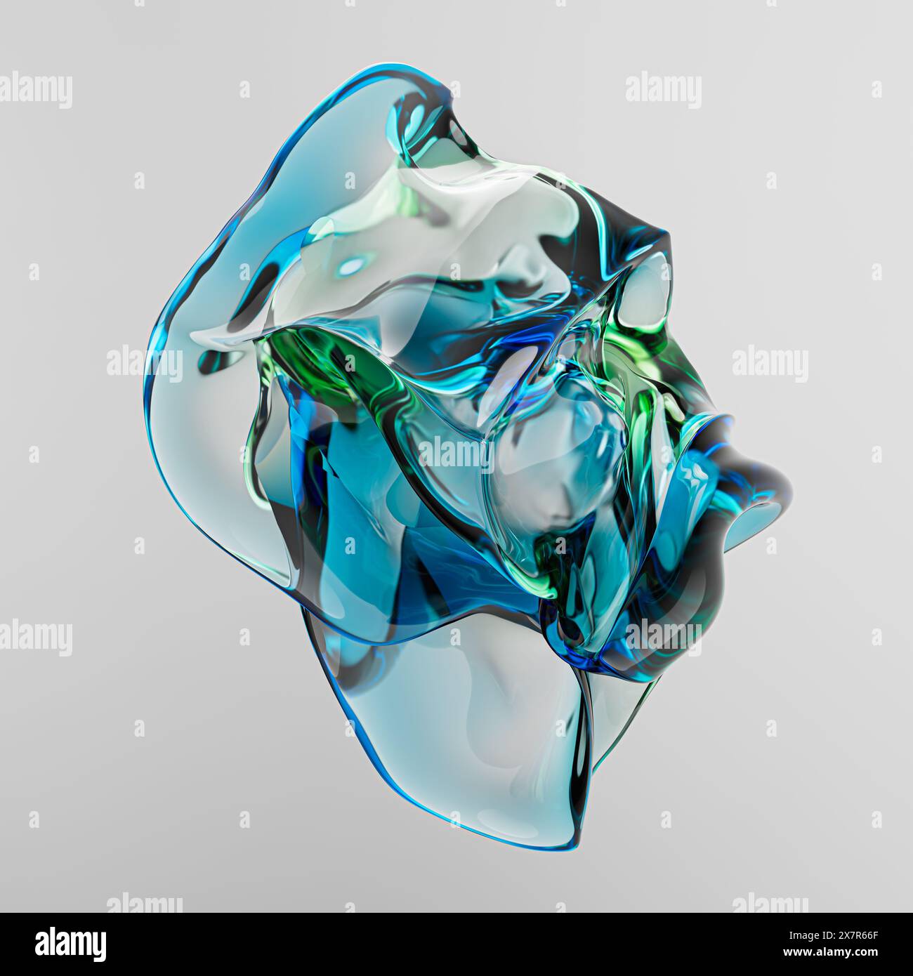 An intricate 3D render of glass with dynamic reflections and refractions in green and blue hues, set against a white background Ideal for modern desig Stock Photo
