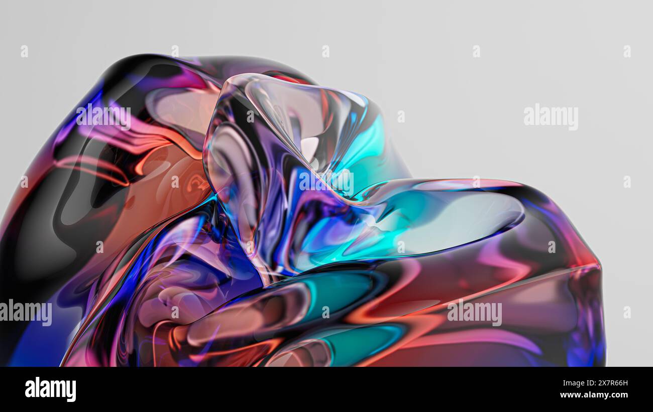 Vibrant 3D rendered glass shapes with colorful reflections on a clean ...