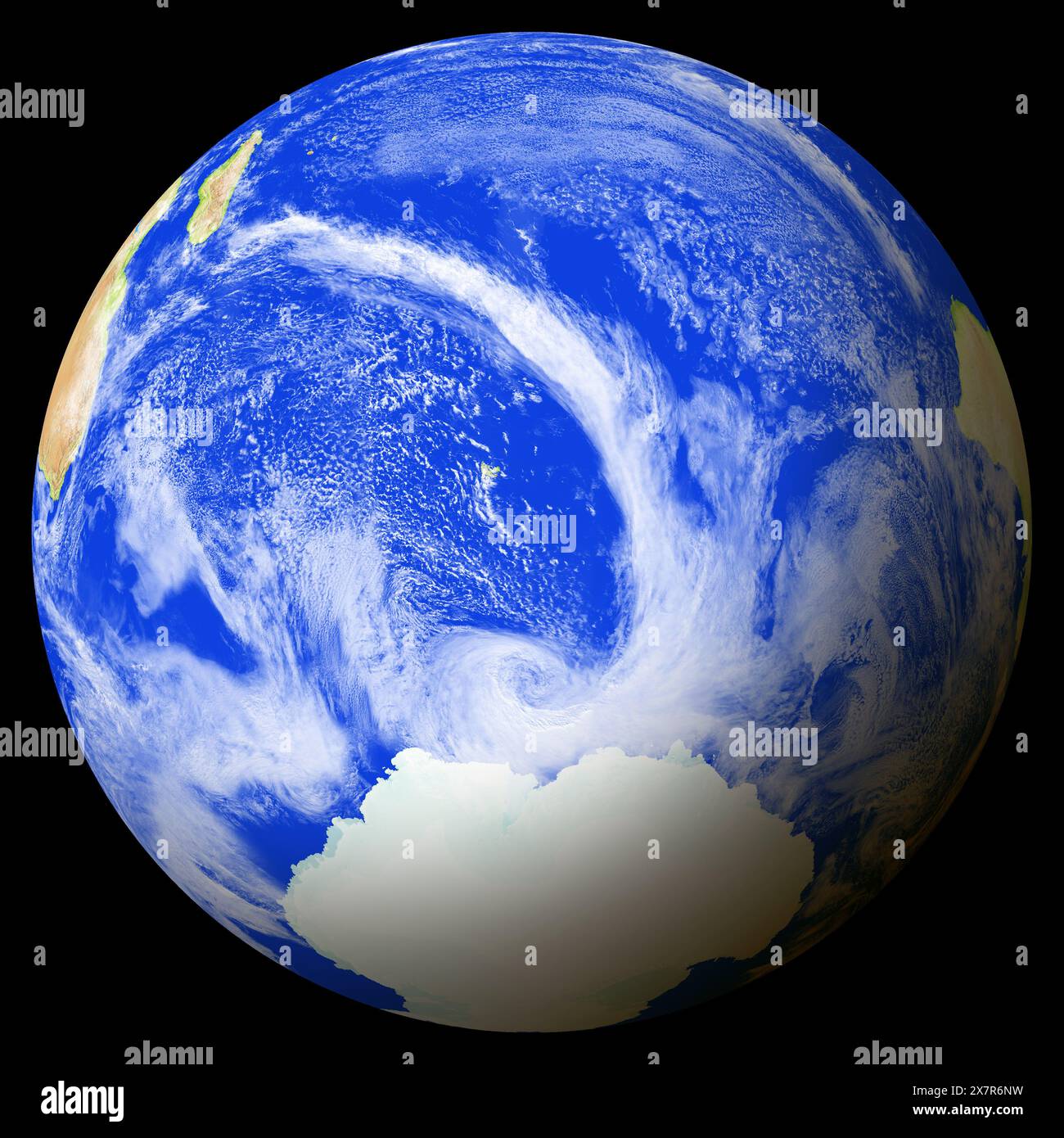 View of the earth from space showing Heard Island and McDonald Islands in the center of the image. Stock Photo