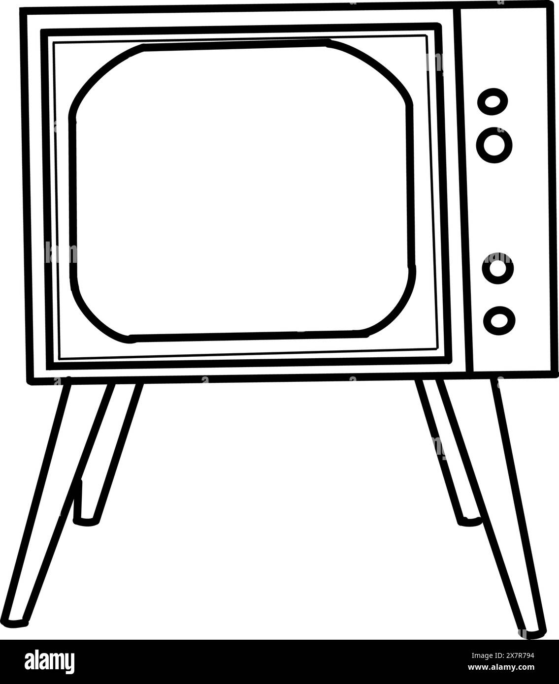 Retro TV on legs with a convex screen and buttons on the side. Vector illustration. The TV is drawn in vector in black, with an outline. For design. Stock Vector