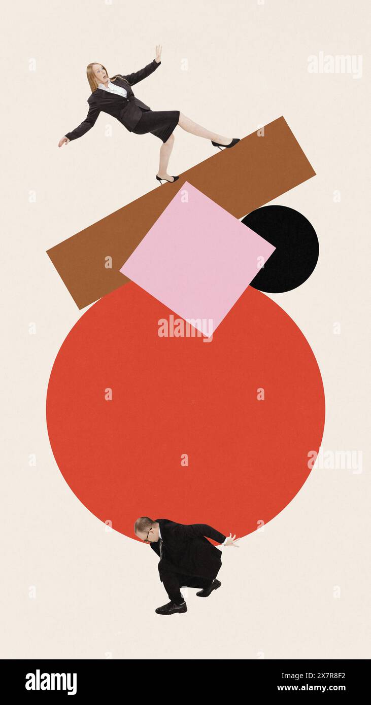 Contemporary art collage. Young man holding stack of geometry shapes and woman balancing on it. Support. Stock Photo